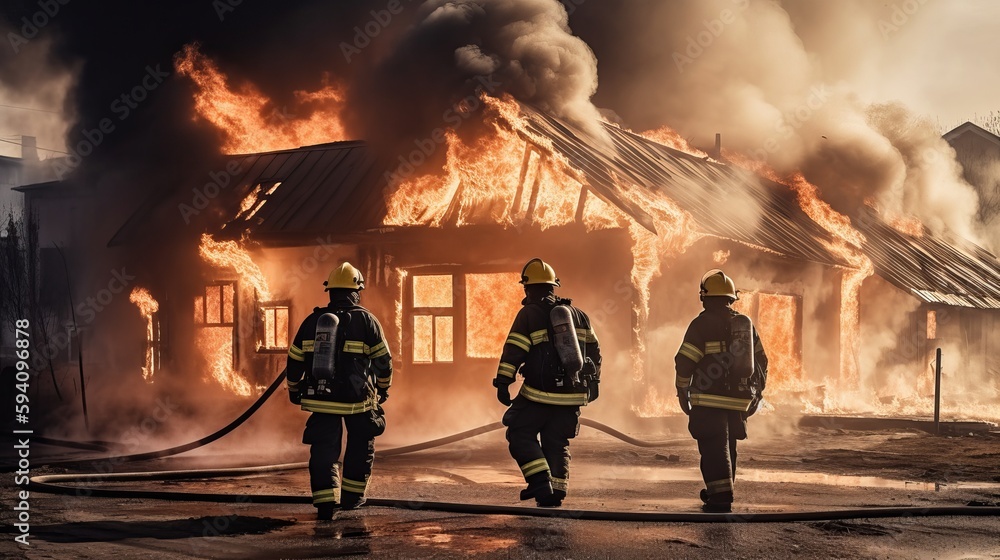 Firefighters in front of a burning building. Generative AI
