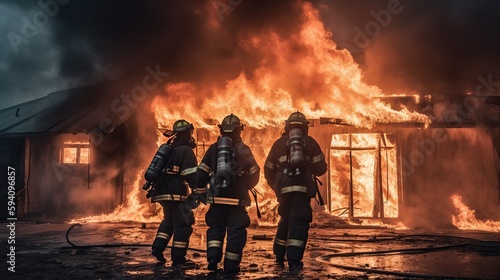Firefighters in front of a burning building. Generative AI 