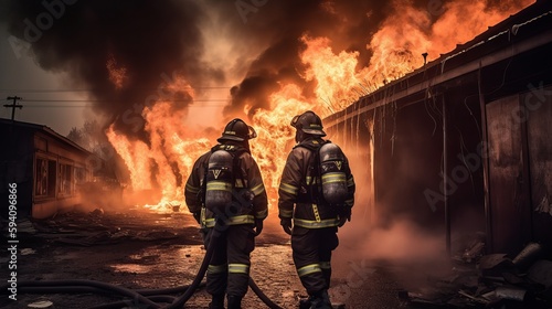Firefighters in front of a burning building. Generative AI 