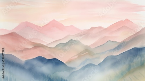 Watercolor painting of a mountain range in soft pastel shades