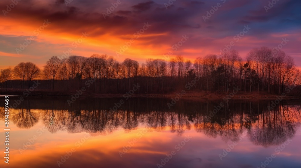 Colorful sky and warm reflections on still waters Colorful sky and warm reflections on still waters