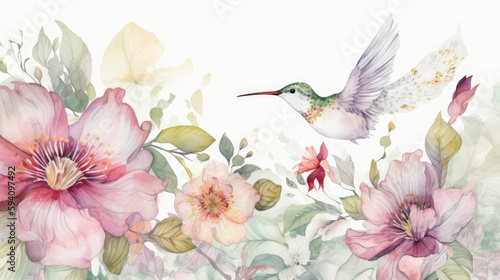 Watercolor florals with delicate hummingbird additions