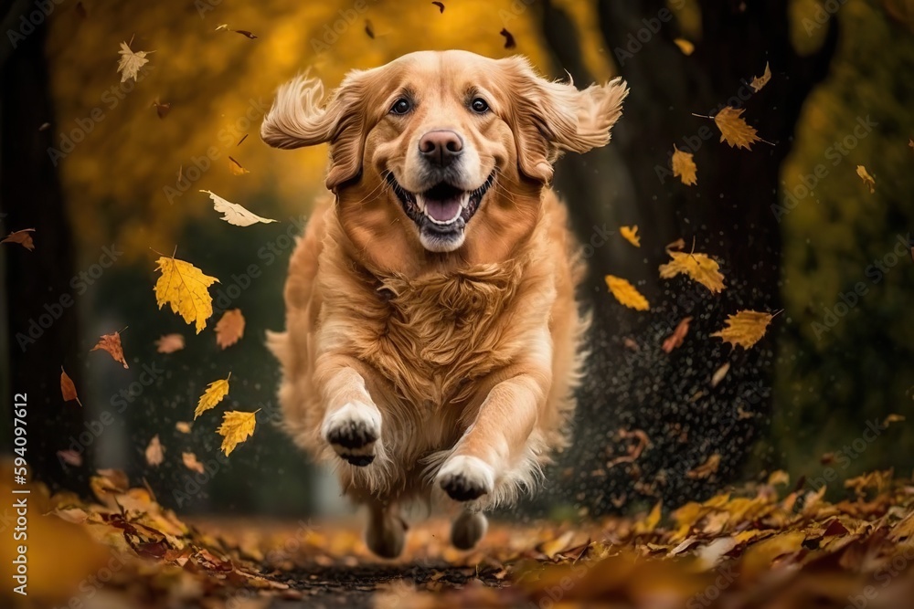 A beautiful golden retriever dog running through the fallen leaves. AI generative. A beautiful golden retriever dog running through the fallen leaves. AI generative.
