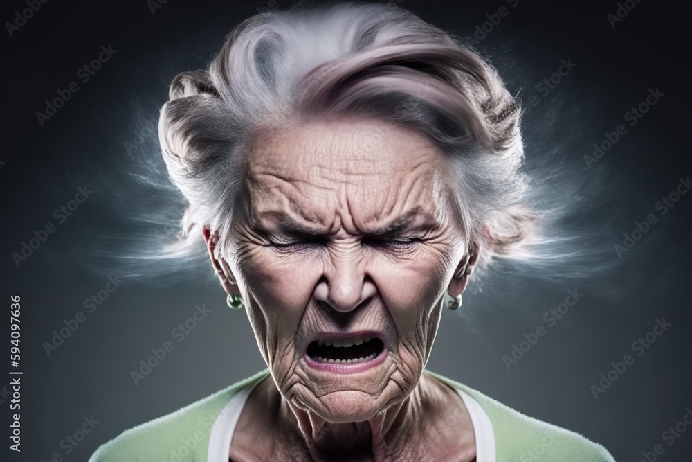 Fototapeta premium Portrait of an old woman with gestures of pain and distress at her menopause. Ai generated.