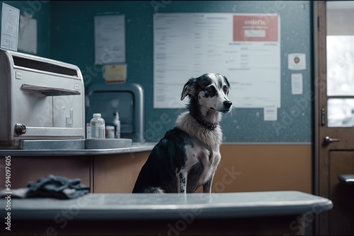 A dog waits alone in a veterinary clinic.Ai generated © Joaquin Corbalan