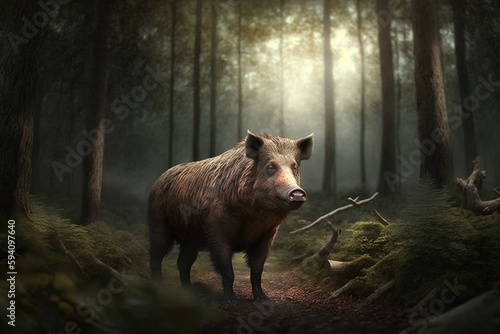 Portrait of a wild boar in a forest. Ai generated.