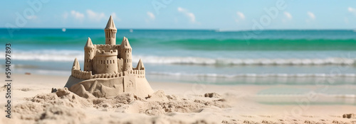 sand castle on a beautiful beach. copy space. Generative AI