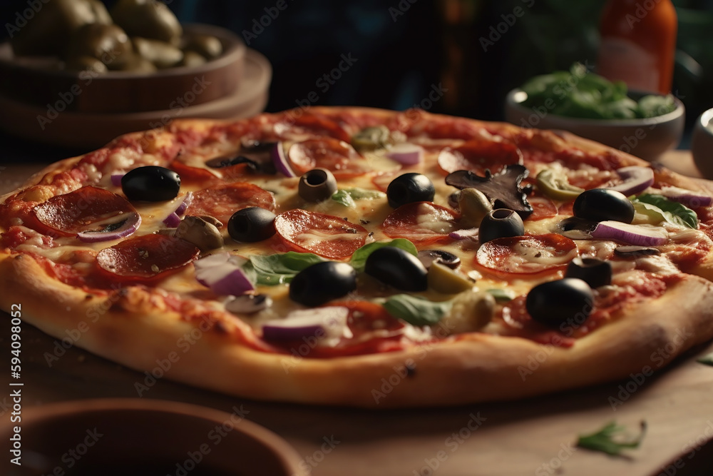 A delicious American pizza with pepperoni and olives on a crusty rustic base. Generative AI. A delicious American pizza with pepperoni and olives on a crusty rustic base. Generative AI.