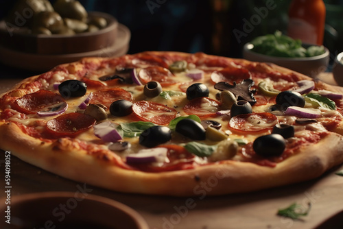 A delicious American pizza with pepperoni and olives on a crusty rustic base. Generative AI.