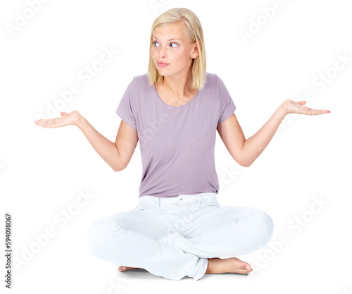 Confused, choice and shrugging with woman on png background for unknown, decision and idea. Sorry, why and question with female model isolated on transparent for clueless, help and doubt