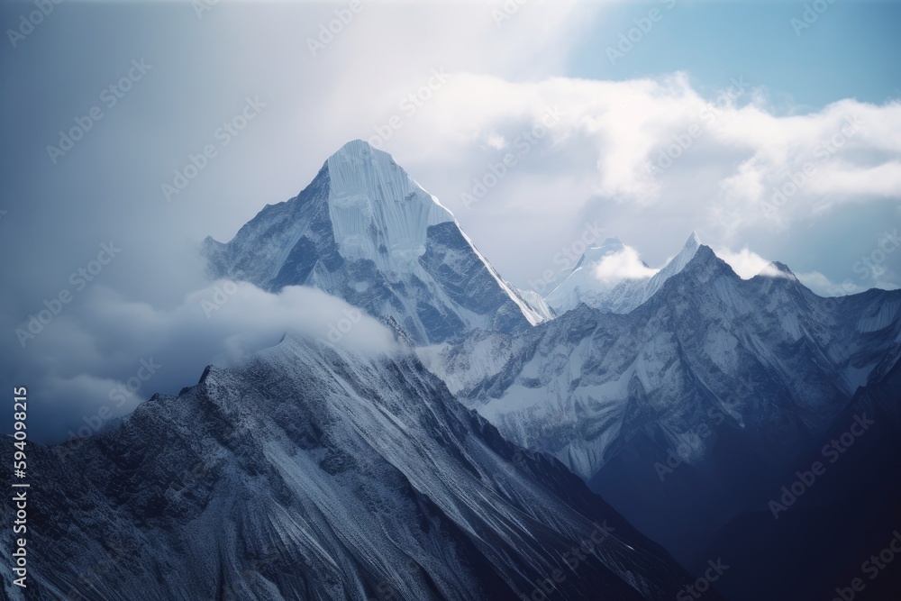 Mount Everest scenic view, mountains and clouds. Generative AI.