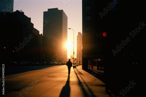 A person walking at sunset in New York City. Generative AI.