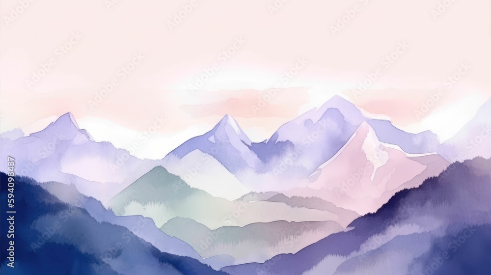 Watercolor scenery of mountain peaks with soft lines