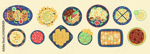 Set of traditional mexican food. Mexican cuisine. Tacos, tortilla, quesadilla, fajitas, nachos, burrito, tomales, guacamole, salsa, margarita, chili con carne and enchiladas. Vector illustration