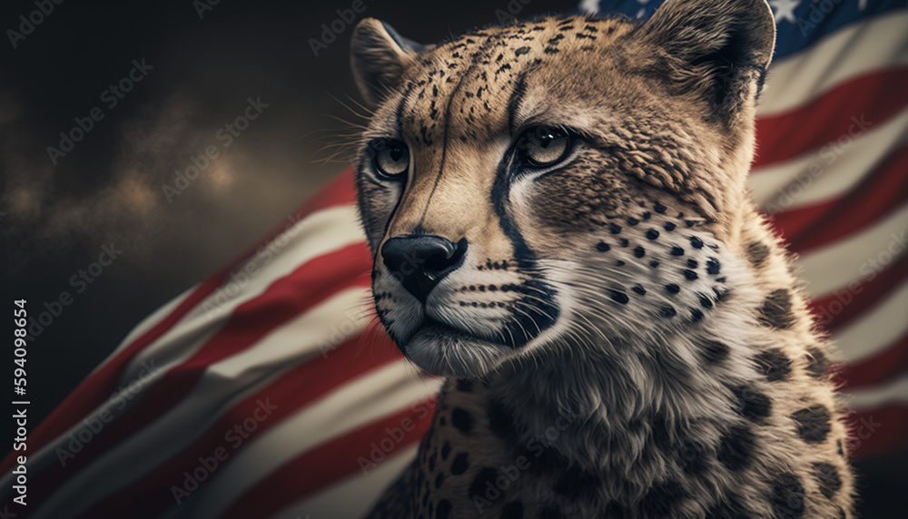 close up portrait of a leopard with american flag generative art