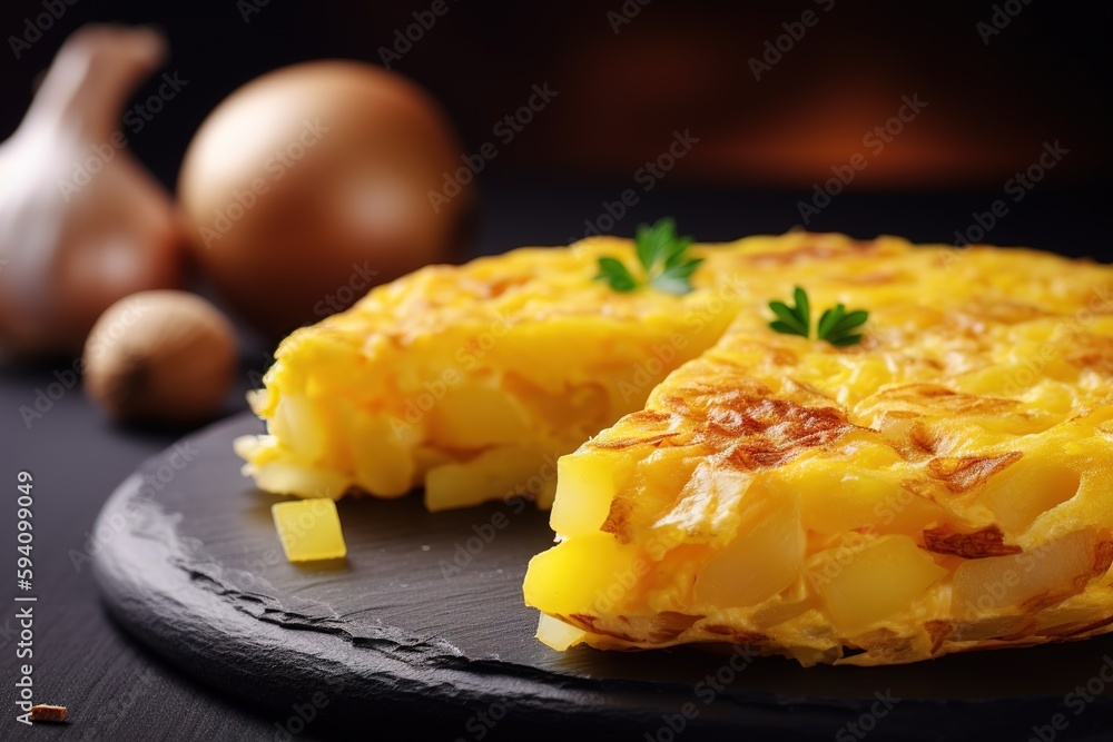 Traditional Spanish omelet close up shot. Generative AI Traditional Spanish omelet close up shot. Generative AI