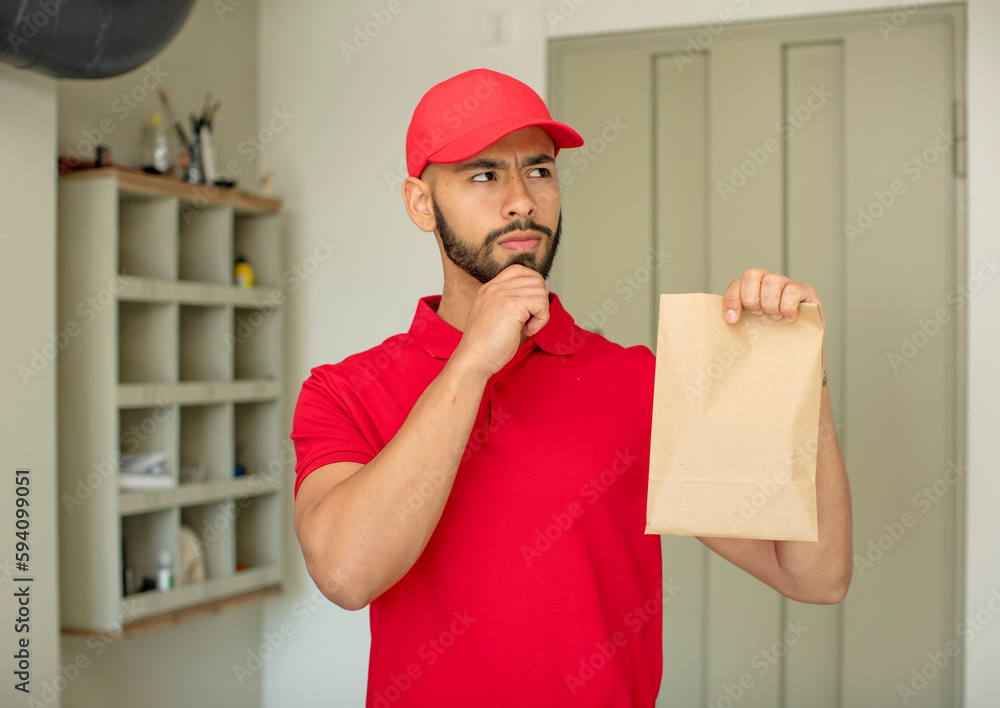 young adult man smiling with a happy, confident expression with hand on chin. deliveryman concept young adult man smiling with a happy, confident expression with hand on chin. deliveryman concept