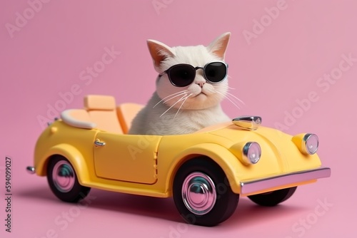 Cute cat with stylish round sunglasses in toy car over pink background. Generative AI