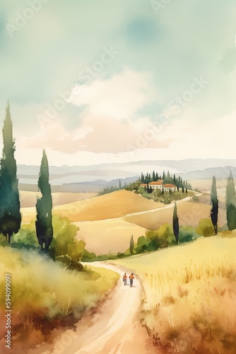 Watercolor illustration of the hills in Tuscany. Generative AI vertical shot