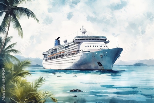 Cruise ship arriving at Caribbean, watercolor digital painting. Generative AI vertical shot © Pajaros Volando