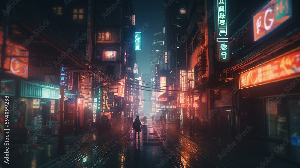 Concept of japanese futuristic city at the night with people on street