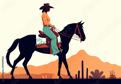 Illustration of a cowgirl on a horse in the desert by generative AI