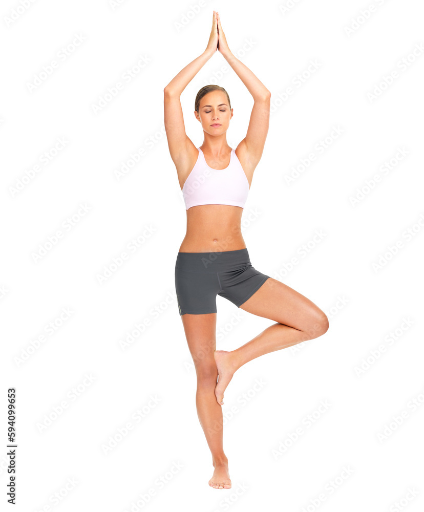 Fitness, yoga and tree pose by woman for balance on isolated, transparent and png background. Sports, meditation and female with zen, peace and relax during training, wellness and workout routine Fitness, yoga and tree pose by woman for balance on isolated, transparent and png background. Sports, meditation and female with zen, peace and relax during training, wellness and workout routine