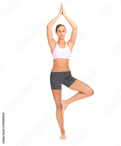 Fitness, yoga and tree pose by woman for balance on isolated, transparent and png background. Sports, meditation and female with zen, peace and relax during training, wellness and workout routine