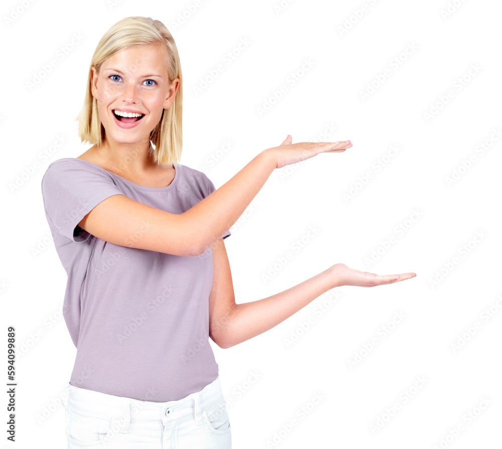 Excited, space and portrait of woman with hands for advertising, branding and logo. Space, hand sign and female model show a gesture box for commercial isolated on a transparent, png background Excited, space and portrait of woman with hands for advertising, branding and logo. Space, hand sign and female model show a gesture box for commercial isolated on a transparent, png background