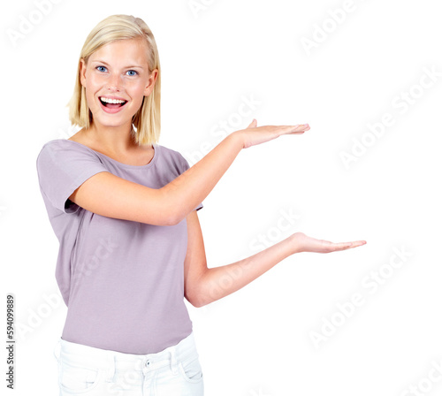 Excited, space and portrait of woman with hands for advertising, branding and logo. Space, hand sign and female model show a gesture box for commercial isolated on a transparent, png background