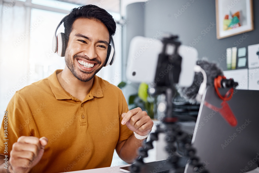Happy, work and an Asian man with a phone for a video call, communication or podcast. Smile, laughing and an entrepreneur talking on a webinar, mobile broadcast or recording conversation in an office Happy, work and an Asian man with a phone for a video call, communication or podcast. Smile, laughing and an entrepreneur talking on a webinar, mobile broadcast or recording conversation in an office