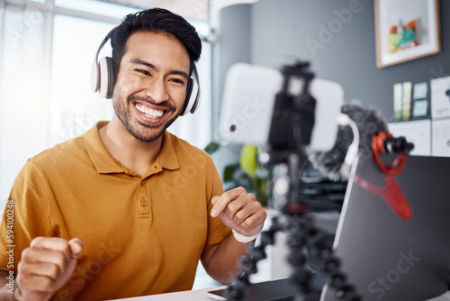 Happy, work and an Asian man with a phone for a video call, communication or podcast. Smile, laughing and an entrepreneur talking on a webinar, mobile broadcast or recording conversation in an office