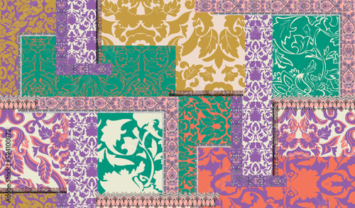 patchwork floral pattern with paisley and india flower motifs. damask style pattern for textil and decoration