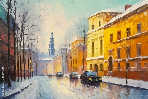 Oil paintings landscape, old city, street in winter. Fine art. Generative AI