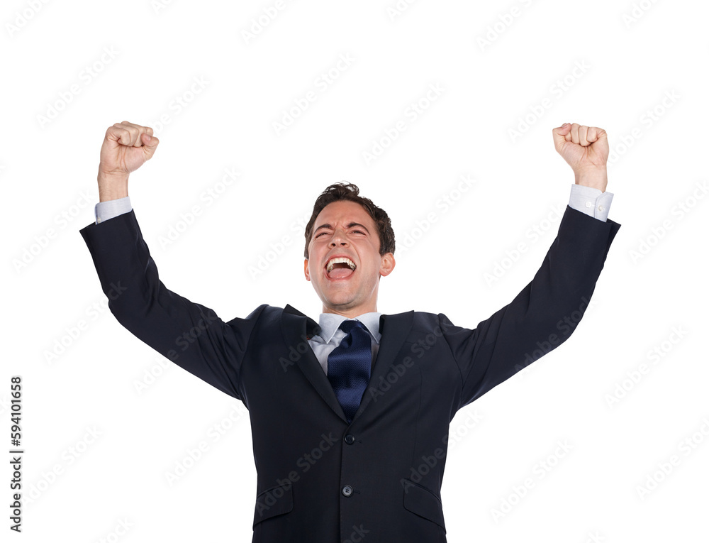 Success, winning and happy man isolated on transparent, png background cheers, celebration and fist pump. Yes, power and bonus of corporate winner or business person celebrate news, wow and freedom Success, winning and happy man isolated on transparent, png background cheers, celebration and fist pump. Yes, power and bonus of corporate winner or business person celebrate news, wow and freedom