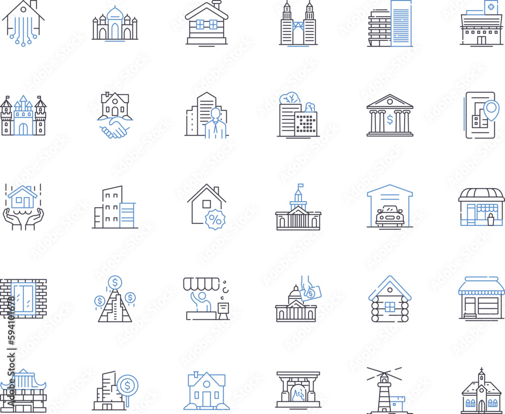 Land purchase line icons collection. Property, Acreage, Investment, Development, Landscaping, Natural, Rural vector and linear illustration. Urban,Farming,Agriculture outline signs set