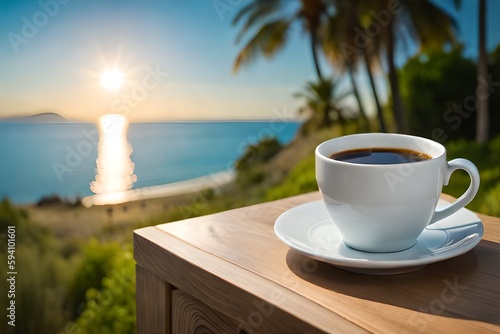 Breakfast concept with pleasant landscape. Coffee. Created with generative Ai technology.