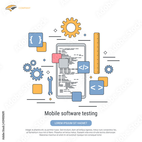 Mobile software testing, application development, program coding flat contour style vector concept illustration