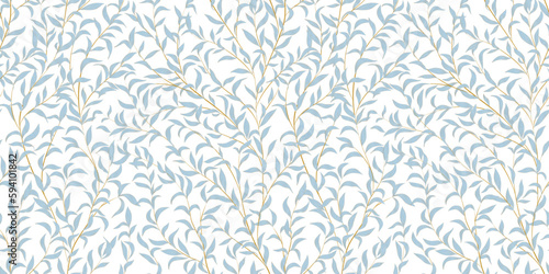 Abstract art background with seamless pattern of tree leaves hand drawn in gold art line style. Botanical banner in vintage style for decoration design, print, textile, interior, wallpaper.
