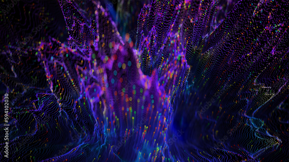 Digital background, violet dot waves with trails, blurred anamorph. Big data.