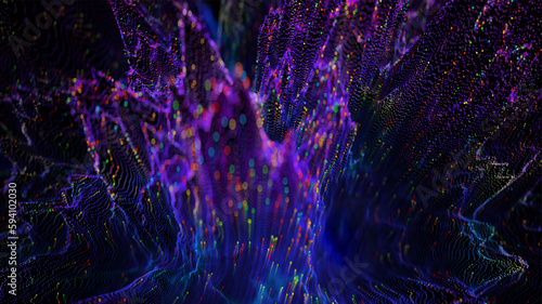 Digital background, violet dot waves with trails, blurred anamorph. Big data.
