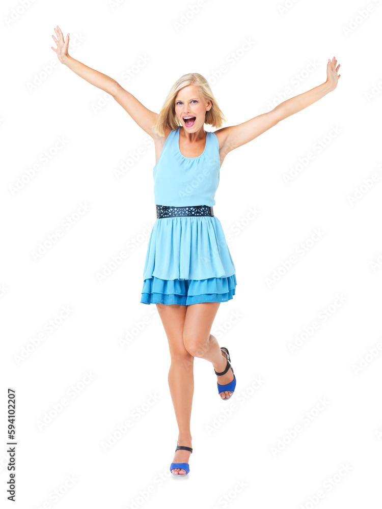 Excited, surprise and fashion with portrait of woman with celebration, motivation and energy. Freedom, wow and smile of a model girl with confidence and isolated on a transparent, png background Excited, surprise and fashion with portrait of woman with celebration, motivation and energy. Freedom, wow and smile of a model girl with confidence and isolated on a transparent, png background