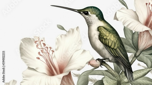 Botanical illustration with realistic hummingbird details