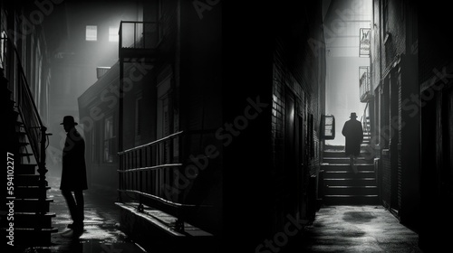Dark and gritty urban landscape with shadowy figures