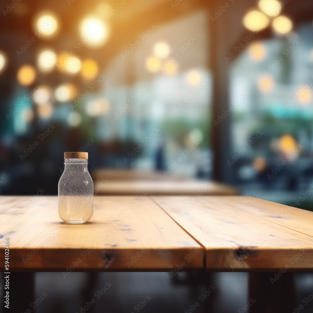 empty wooden table setting in restaurant, copy space, product displacement blurred store background, bokeh filled lights rustic cafe environment, generative ai