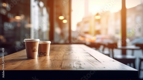 empty wooden table setting in restaurant, copy space, product displacement blurred street background, bokeh filled lights rustic cafe environment, generative ai