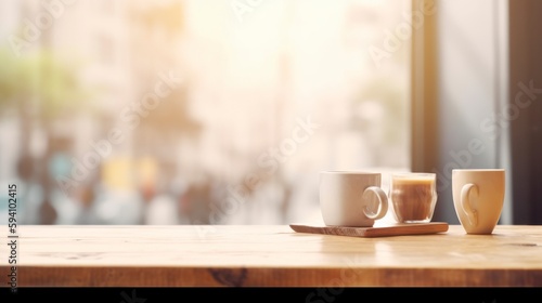 empty wooden table setting in restaurant  copy space  product displacement blurred street background  bokeh filled lights rustic cafe environment  generative ai