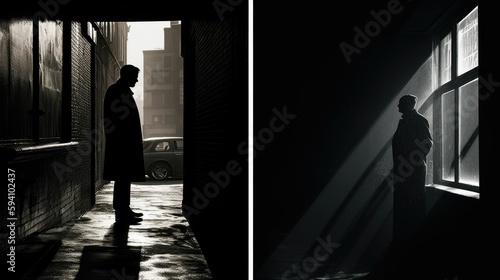 Gritty urban landscape with shadowy figures in the dark
