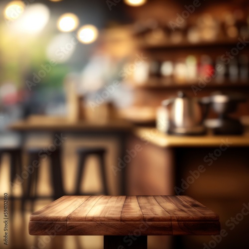 empty wooden table setting in restaurant  copy space  product displacement blurred store background  bokeh filled lights rustic cafe environment  generative ai