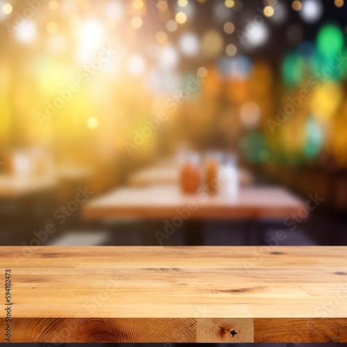 Rustic Cafe Table Setting with Empty Wooden Table and Blurred Store Background  generative ai